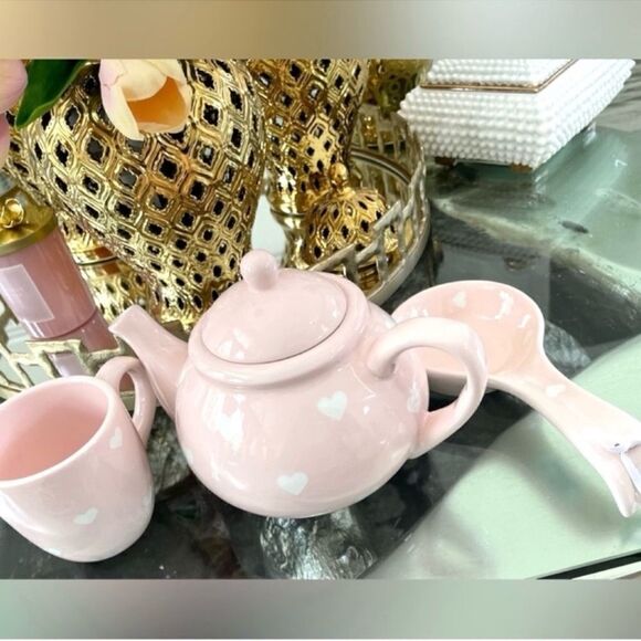 NWT Terramoto Heart Pink Heart Teapot and 1 cup and Spoon Rest - Picture 5 of 12